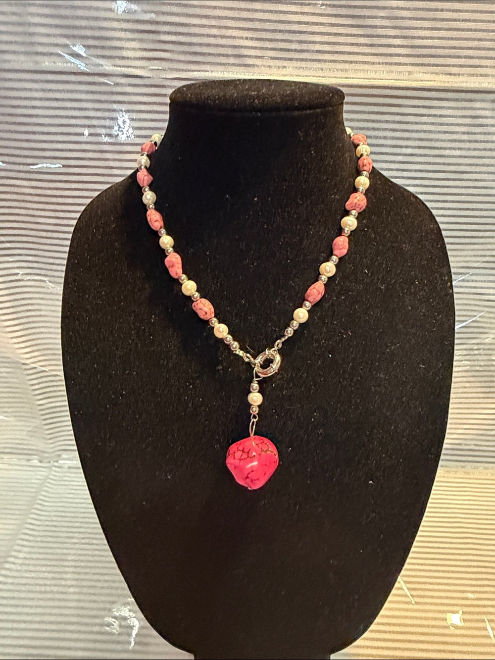 Source Unknown Pink Beaded Heart Drop Necklace with Silver Accents